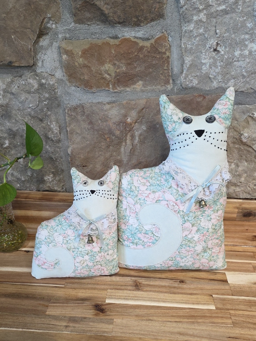 Vintage Shabby Chic Calico Fabric Cat Dolls / Doorstops - Set of 2
